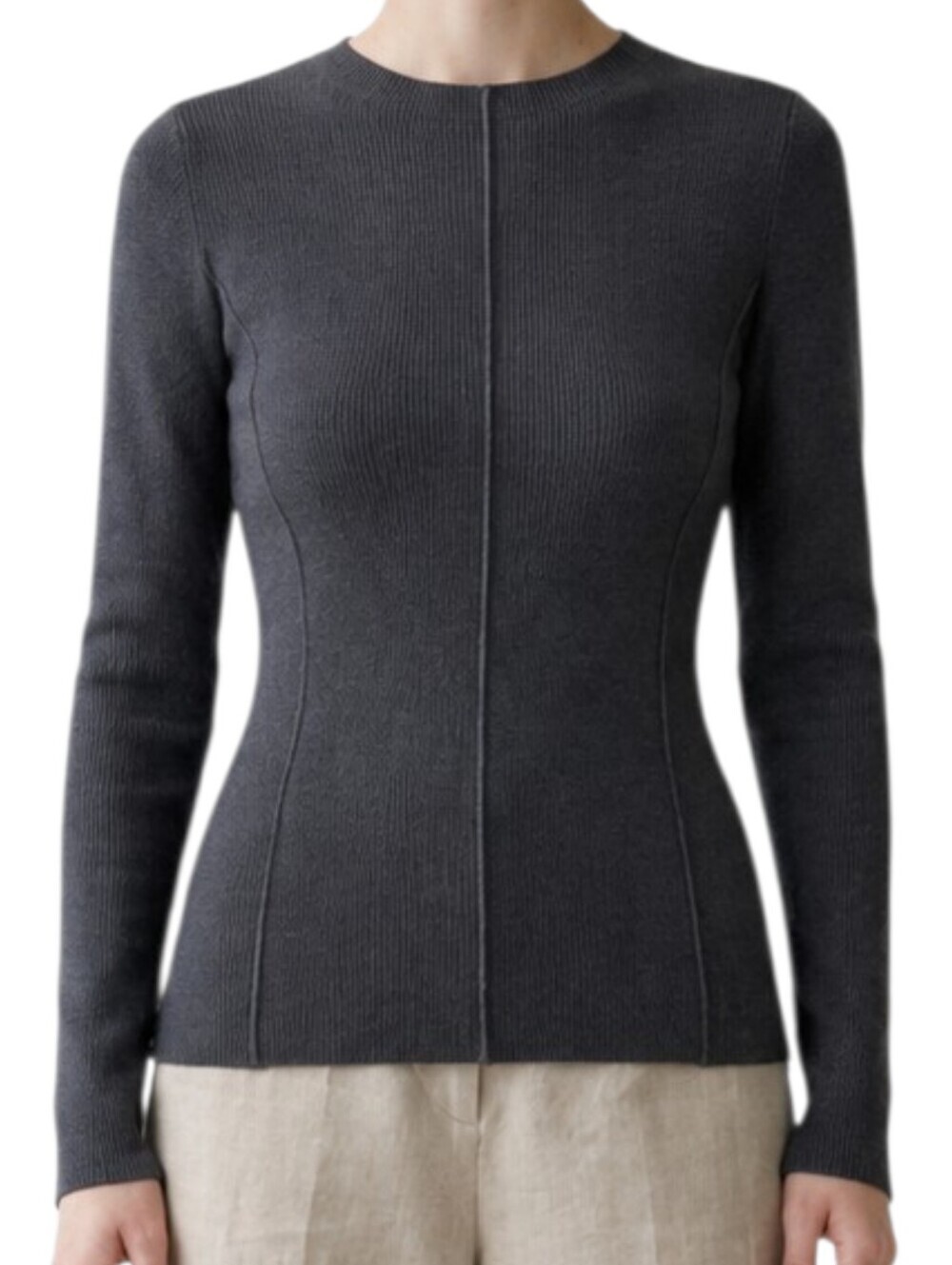 Studio Doe Fine Knit Sweater Women Small Grey Fitted Seam Detail